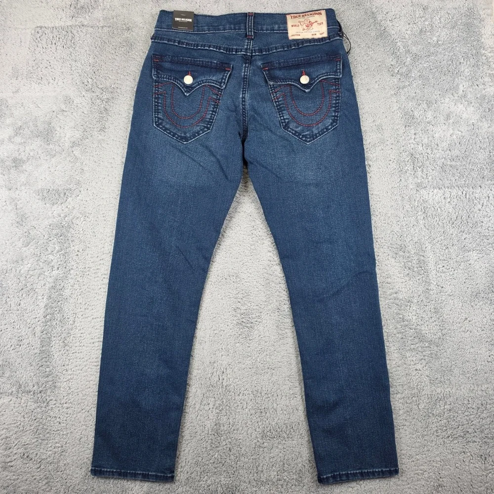 True Religion Geno Relaxed Slim Jeans Mens 30 Blue Big T Flap Shivering Wash NWT